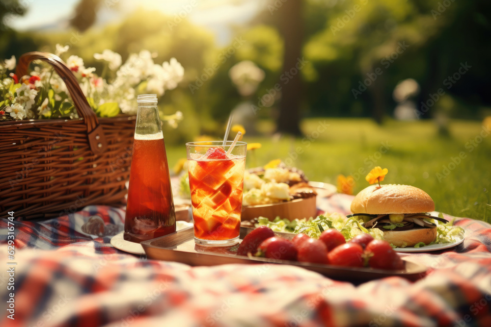 Close up of food, drinks and picnic basket on blanket on grass at summer park. Generative AI Close up of food, drinks and picnic basket on blanket on grass at summer park. Generative AI