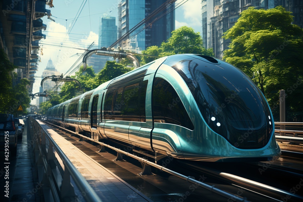 Naklejka premium Futuristic transportation. Modern high-speed train in the city at night. Shallow depth of field