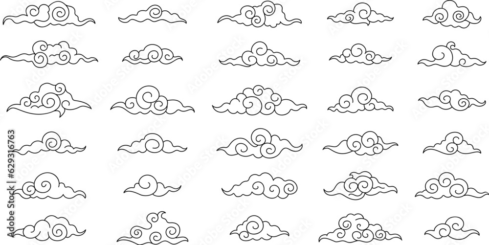 Asian style korean clouds. Japanese cloud linear, traditional oriental elements. Doodle asia decorative line symbols, decent vector flat graphic - obrazy, fototapety, plakaty 