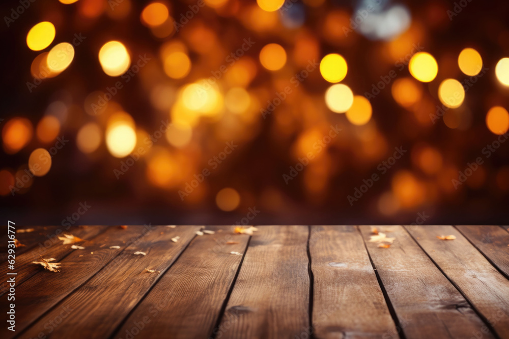 Empty dark wood table top with blurred bright Thanksgiving background. AI generated Empty dark wood table top with blurred bright Thanksgiving background. AI generated