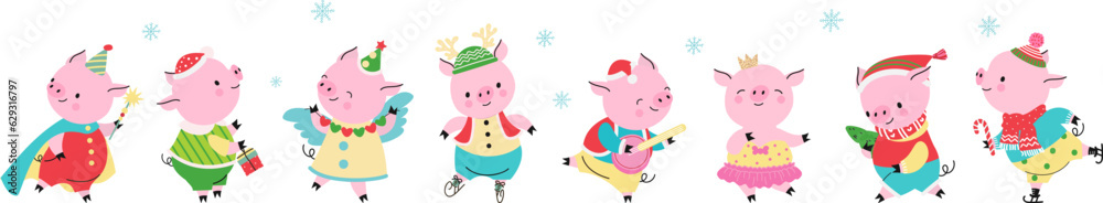 Christmas holidays pigs, new year party pig characters. Winter festive piggy, party dressed animals. Funny xmas characters nowaday vector set