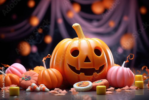 Fototapeta Smiling halloween pumpkin and candies in minimalist style