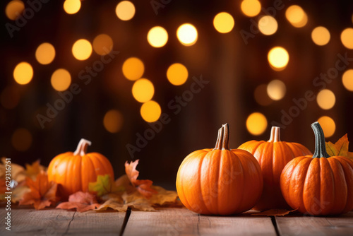 Mini thanksgiving pumpkins and leaves on rustic wooden table with lights and bokeh on wood background. AI generated