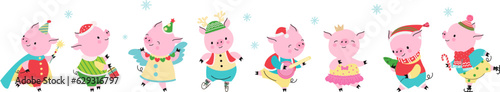 Christmas holidays pigs  new year party pig characters. Winter festive piggy  party dressed animals. Funny xmas characters nowaday vector set