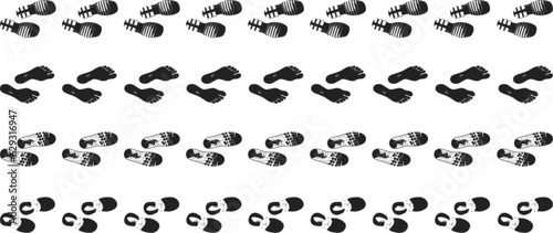 Footsteps pattern track, walking step by step. Human walk barefoot and wear boots, footstep black silhouettes. Footprints trails neoteric vector set