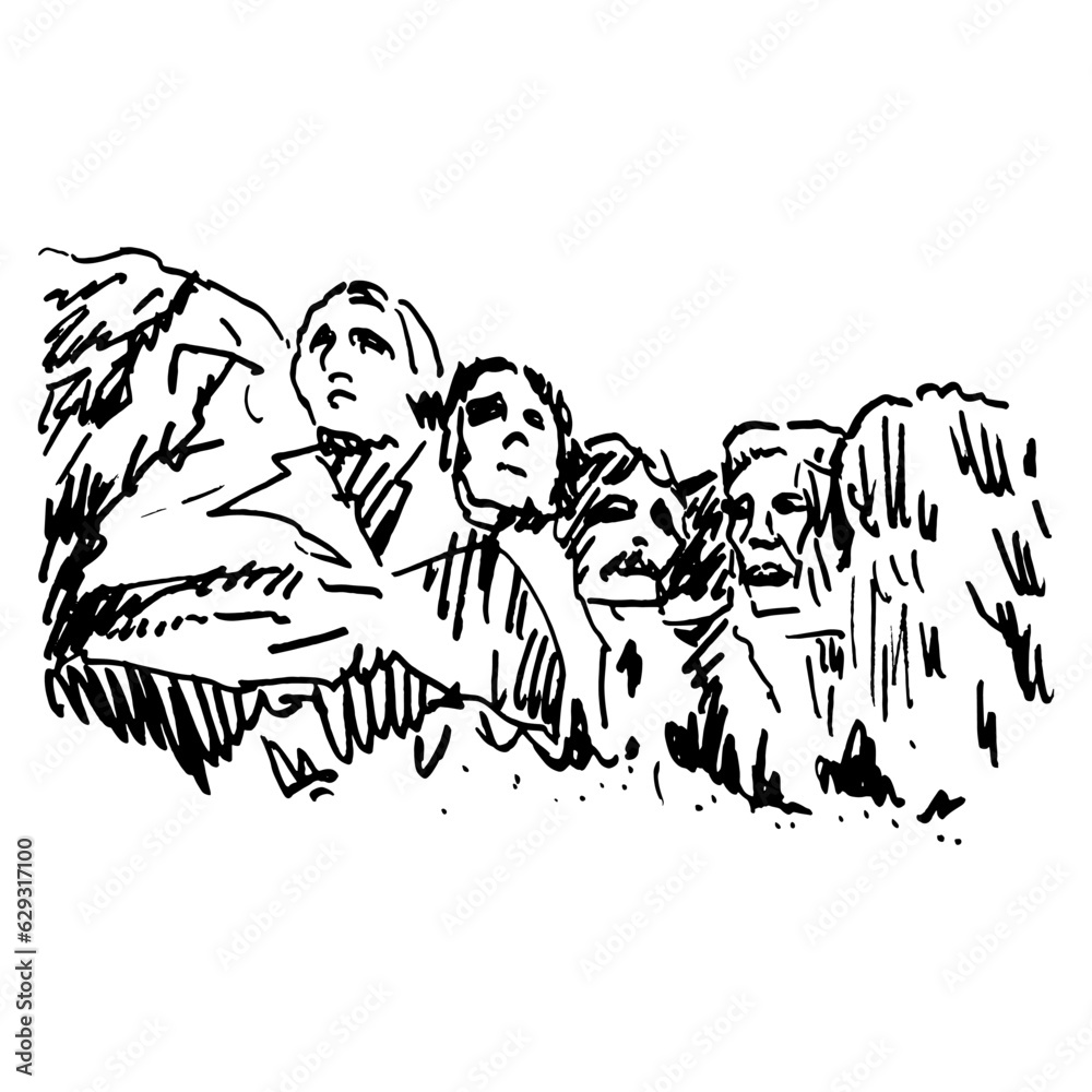 Mount Rushmore National Memorial. United States Shrine of Democracy rock monument in South Dakota. Hand drawn linear doodle rough sketch. Black silhouette on white background.