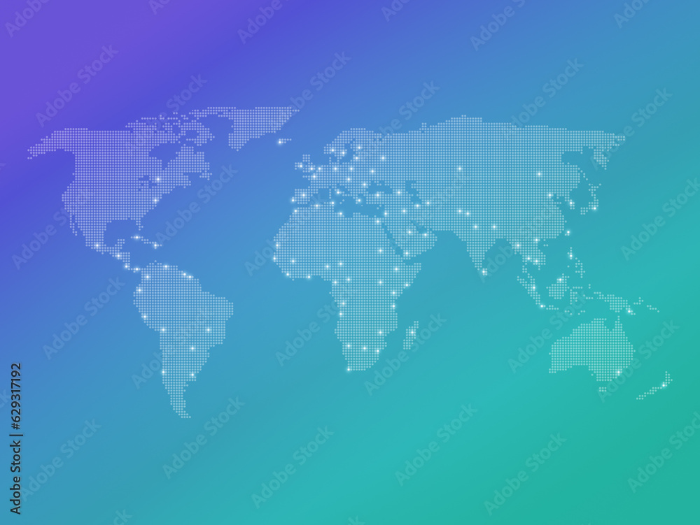 Obraz premium Dotted halftone world map with many highlighted capital cities on a vibrant purple to turquoise color gradient background. High resolution modern, clean and colorful world map.