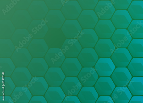 Modern geometric cyan hexagons on green-cyan background. Abstract technology background. High resolution full frame geometric honeycomb pattern with copy space.