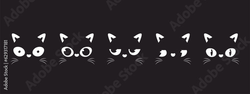 Faces black cat peeking. Stylish cats print, cute pets eyes and different emotions. Kitten look and peek, cartoon animals snugly vector background © MicroOne