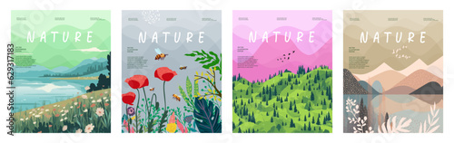 nature and landscape. Vector illustration of mountains, trees, plants, fields and animals. For prints, cover or card designs, art decoration.