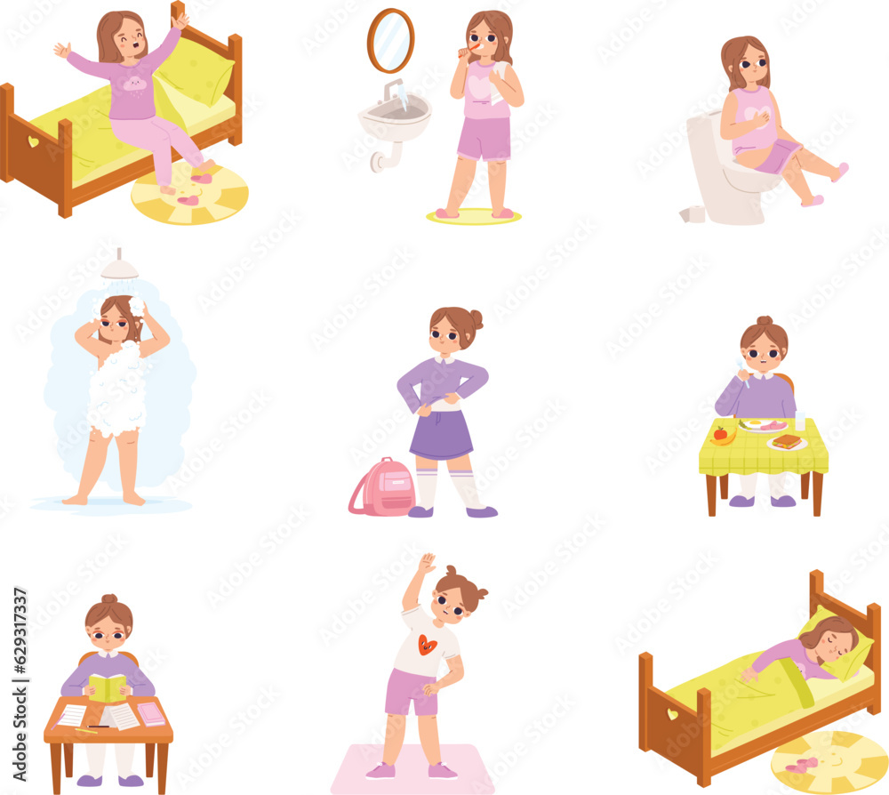 Active girl daily routine. Day schedule and activities kid, morning and evening. Everyday hygiene habits, dress up preschool snugly vector child Active girl daily routine. Day schedule and activities kid, morning and evening. Everyday hygiene habits, dress up preschool snugly vector child