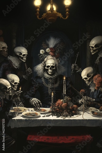 Bony Banquet: Macabre Skeletons Dine in Haunting Ambiance at the Table