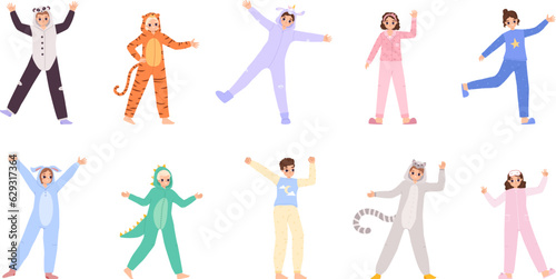 Young adult pajama party characters. Cartoon teenagers in costumes and pajamas, drem festival or home celebrate. Snugly girl and boy happy vector set