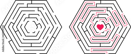Labyrinth game way, finding ways to love. New idea find, creative maze puzzle with 3 paths. Children gaming, search solution decent vector concept