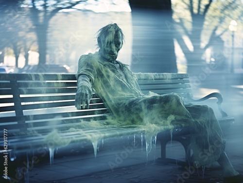 Haunting City Bench: A Ghoul or Ghost Captured in Blurry Vintage Camcorder Footage, Eerie VHS Charm Unleashed.