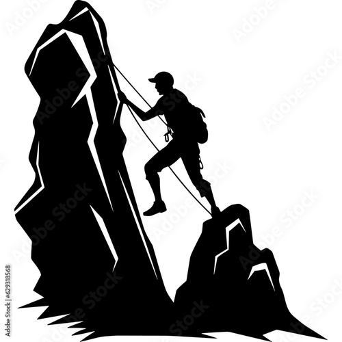Silhouette of climber person climbing mountain cliff vector