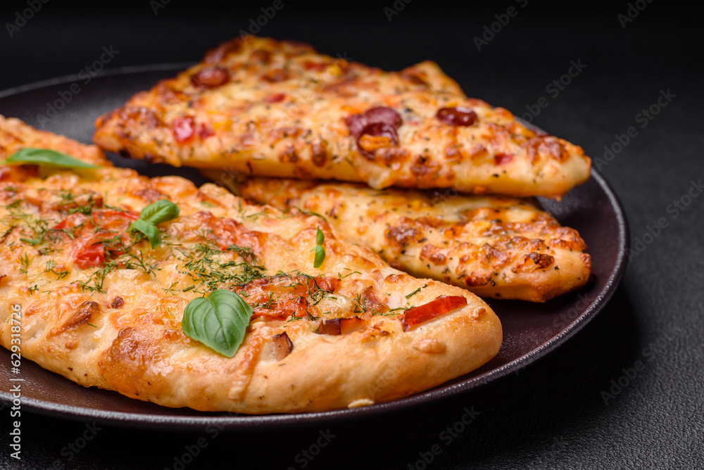 Delicious oven fresh flatbread pizza with cheese, tomatoes, sausage, salt and spices Delicious oven fresh flatbread pizza with cheese, tomatoes, sausage, salt and spices