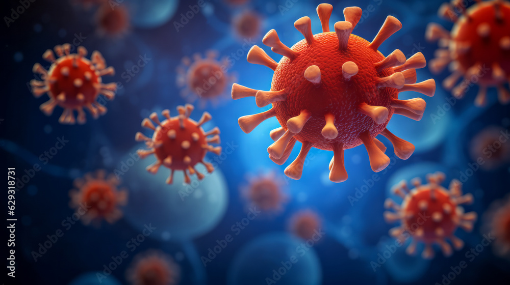 Fototapeta premium Close up macro details of red blue microbes molecules virus bacteria. Coronavirus outbreak COVID-19. Medicine concept. Ai generative illustration