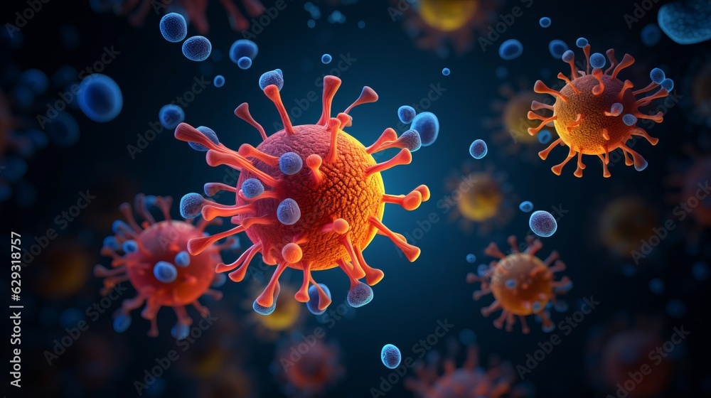 Close up macro details of red blue microbes molecules virus bacteria. Coronavirus outbreak COVID-19. Medicine concept. Ai generative illustration Close up macro details of red blue microbes molecules virus bacteria. Coronavirus outbreak COVID-19. Medicine concept. Ai generative illustration