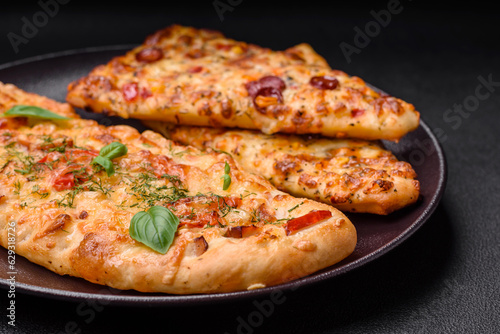 Delicious oven fresh flatbread pizza with cheese  tomatoes  sausage  salt and spices