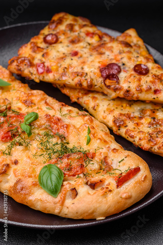 Delicious oven fresh flatbread pizza with cheese  tomatoes  sausage  salt and spices