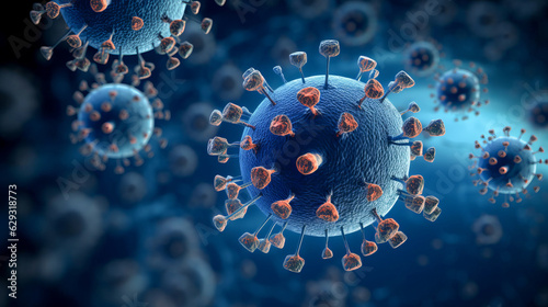 Close up macro details of blue microbes molecules virus bacteria. Coronavirus outbreak COVID-19. Medicine concept. Ai generative illustration