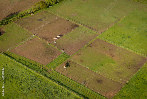 Aerial view of horse paddocks in the countryside in Kent, UK