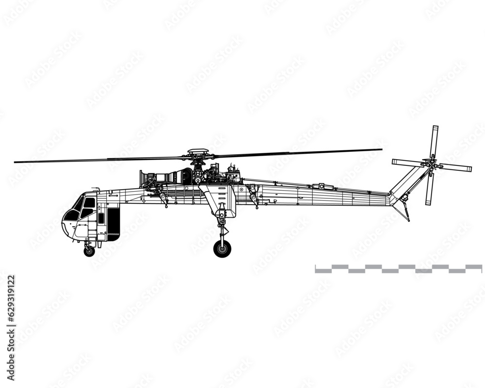 Sikorsky CH-54A Tarhe. Vector drawing of heavy lift cargo helicopter. Side view. Image for illustration and infographics. Sikorsky CH-54A Tarhe. Vector drawing of heavy lift cargo helicopter. Side view. Image for illustration and infographics.