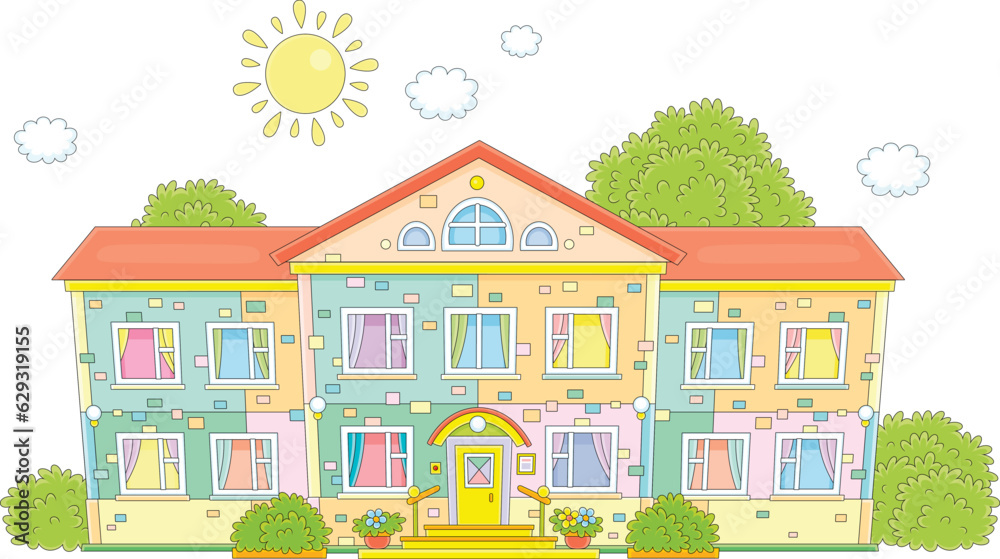 Funny colorful school building surrounded by green bushes and trees on a sunny day, vector cartoon illustration isolated on a white background