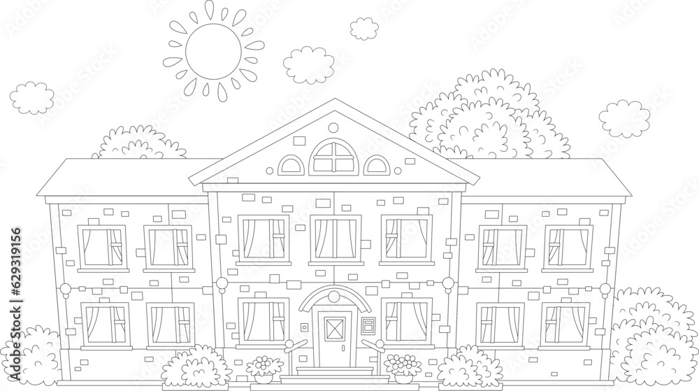Funny school building surrounded by bushes and trees on a sunny day, black and white vector cartoon for a coloring book page