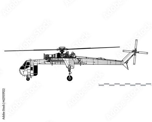 Sikorsky CH-54A Tarhe. Vector drawing of heavy lift cargo helicopter. Side view. Image for illustration and infographics.
