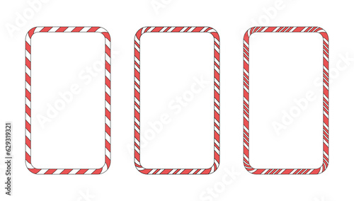 Christmas set of rectangular frames with candy cane patterns. Vector elements isolated on white background. Vertical banner.