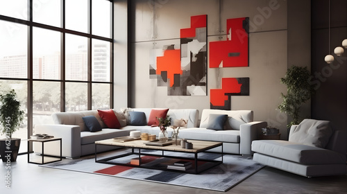 Living room decor, home interior design . Modern Industrial style with Large Wall Art decorated with Concrete and Steel material . G26. photo