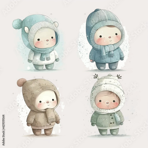 Set of cutie winter babies watercolor paint