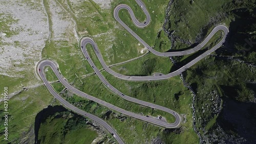 Aerial view of hairpin turns of Transfagaras Mountain Road in southern Carpathian Mountains of Romania.