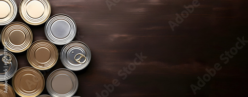 Many closed tin cans on brown table, flat lay. Space for text