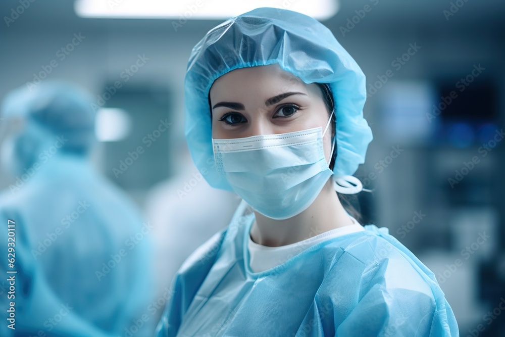 Medical Staff in Surgery Uniform with Hat and Mask in Surgery Room - Healthcare and Surgical Concept Medical Staff in Surgery Uniform with Hat and Mask in Surgery Room - Healthcare and Surgical Concept