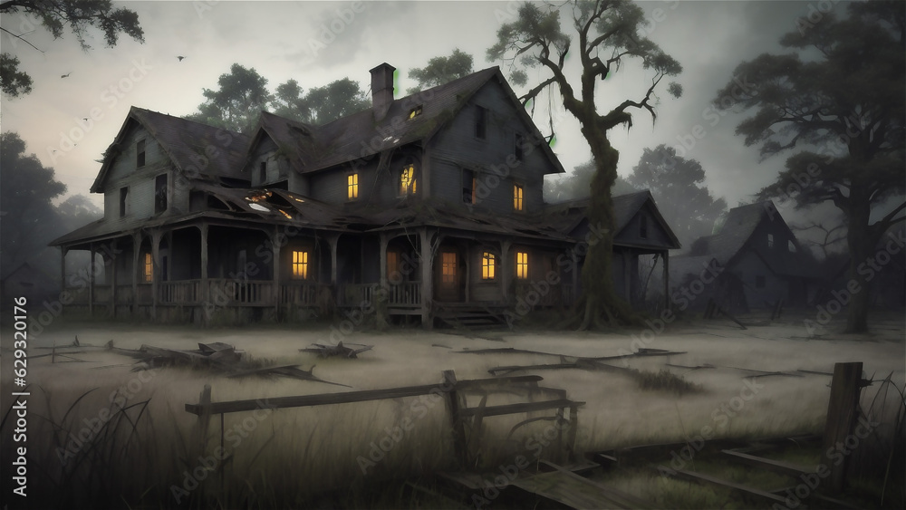 Haunted House. Creepy Atmosphere for Halloween. Fog, Moon light. Illuminated windows.