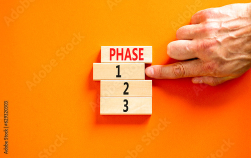 Time to phase 1 symbol. Concept word Phase 1 2 3 on wooden block. Businessman hand. Beautiful orange table orange background. Business planning and time to phase 1 concept. Copy space. photo