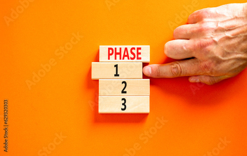 Time to phase 1 symbol. Concept word Phase 1 2 3 on wooden block. Businessman hand. Beautiful orange table orange background. Business planning and time to phase 1 concept. Copy space.