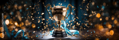 championship cup or winner trophy in golden and silver shiny chrome with celebration confetti and ribbon decoration as wide banner with copy space area