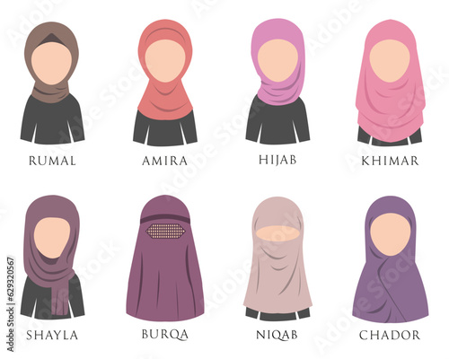Hijab Types, Types of Hijab in pink colours, vector illustration, muslim woman, woman in hijab, muslim scarf, Islamic woman