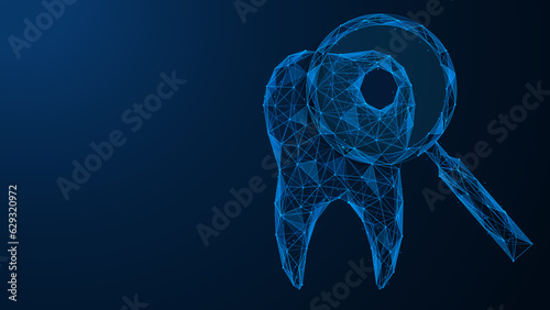 Dental examination. A magnifying glass detects caries in the tooth. Polygonal design of interconnected lines and points. Blue background.