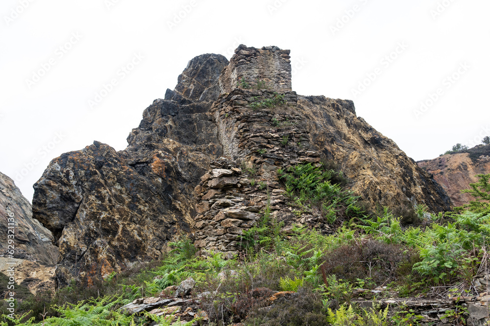 Overgrown,  stone walls of quarry building ruins.