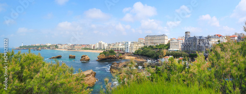 Panoramic view of Biarritz from the bell of the Atalaye plateau with in the foreground the fishermen's port dominated by the Sainte Eugenie church, then the large beach protected by its lighthouse