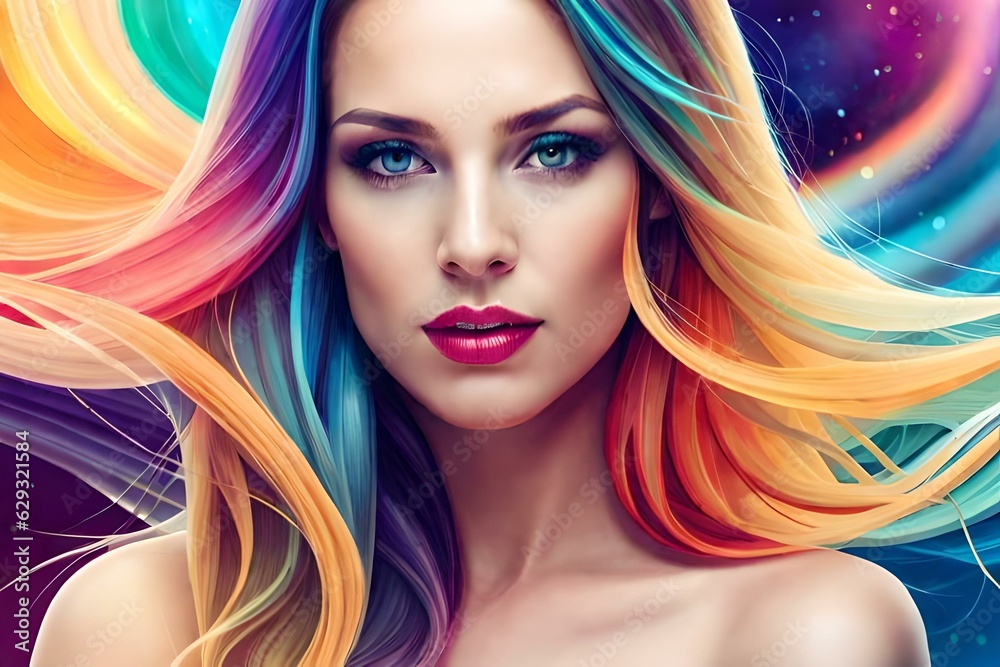 Beautiful fantasy abstract portrait of a beautiful woman double exposure with a colorful digital paint splash or space nebula. Generative AI