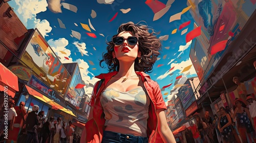 shopping addiction - overconsumption - illustration - low angle portrait - attractive women with sunglasses - pop art character design - red and blue - generative ai photo