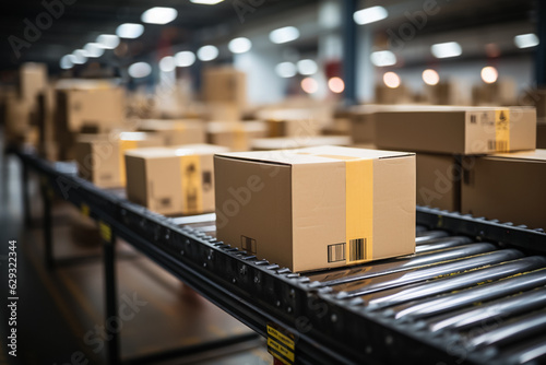 Cardboard boxes on a conveyor belt in a warehouse
