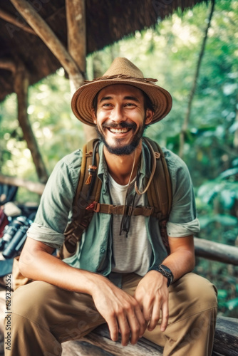 A man smiling in the jungle for his adventure.