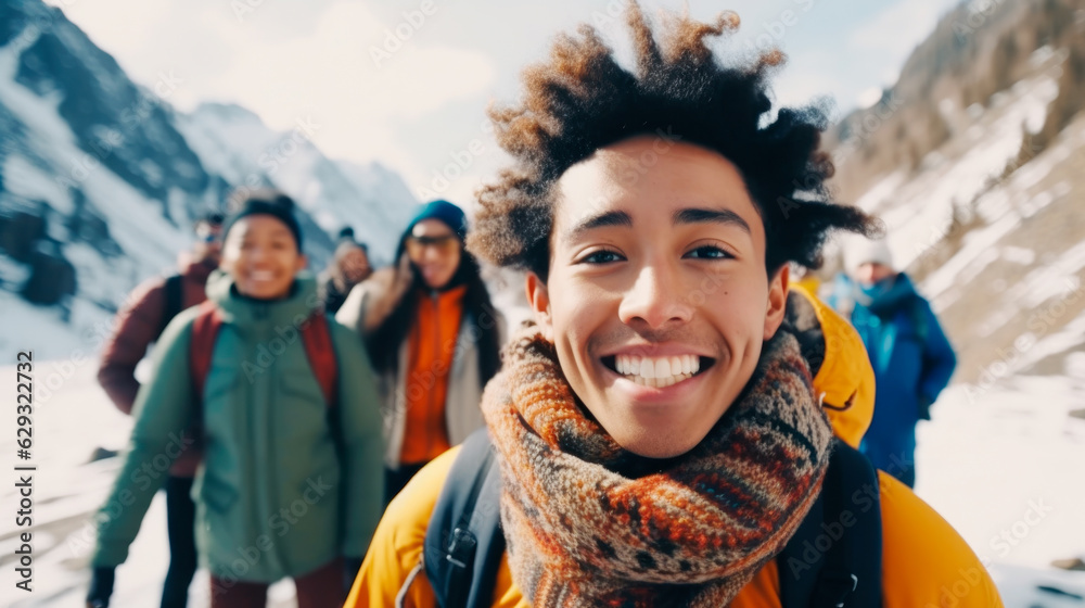 Diverse Group of Friends Embracing Mountain Adventures